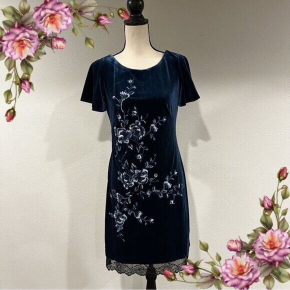 WHBM teal velvet embroidered floral dress - Picture 1 of 13